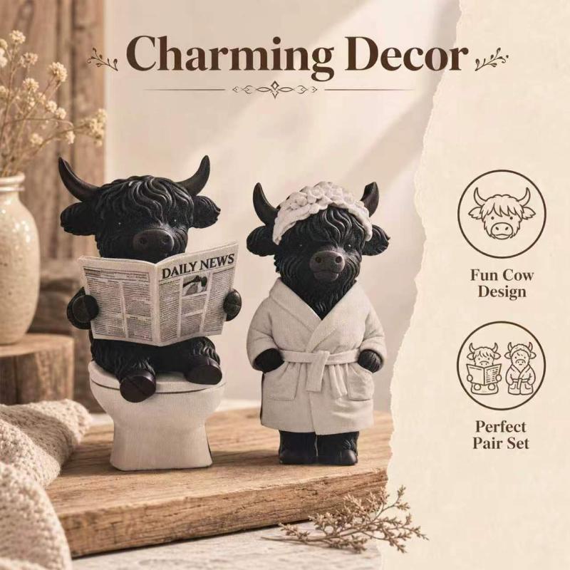 2Pcs 2D Flat Wooden Newspaper-Reading Cows Highland Cow Decorative Ornaments For Home Bedrooms Entryways Bookshelf Display