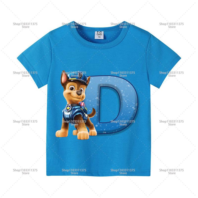 Cute PAW Patrol Blue T-shirt Boys Clothes Letter A-Z Printed Short Sleeve Cartoon Fashion Kids Birthday Toddler Cotton Tops Gift