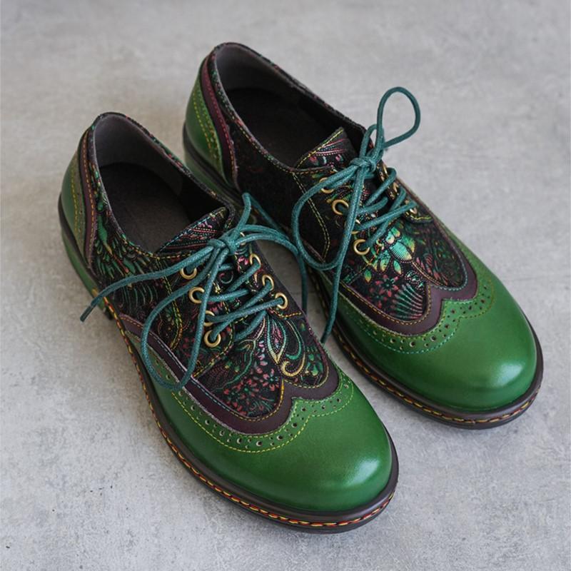 Johnature Pumps Women's Shoes Genuine Leather Lace-up Retro Round Toe Versatile Low Heels Shoes