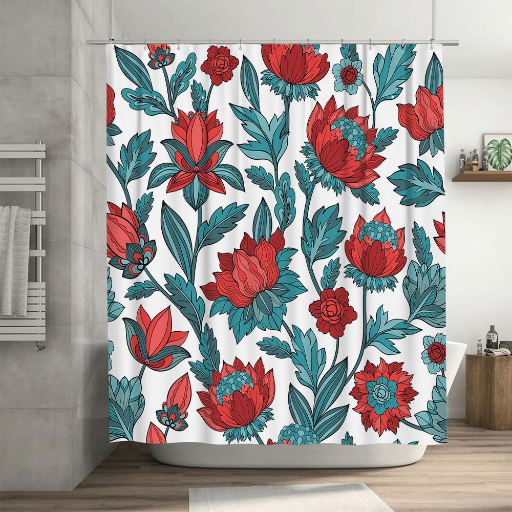 Artistic Floral Shower Curtain 3D Printed Bathroom Decor for Home Decoration in Blue Red Color