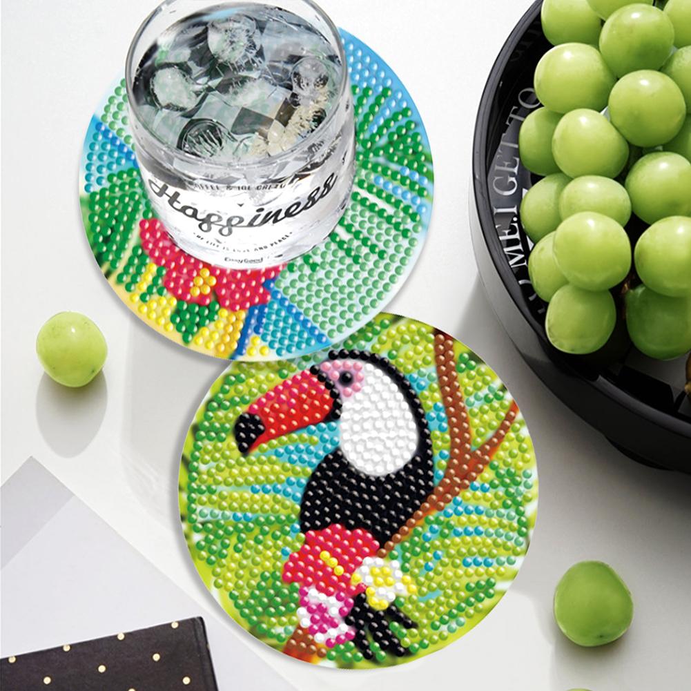 6 stuks Diamant Schilderen Onderzetters Kits met Houder Houten Papegaai Aardbei Dwerg Hippie Skelet voor Feest Huisdecoratie Knutselen