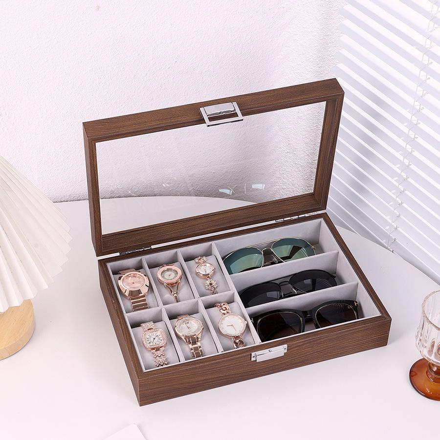 Black Walnut Wood Grain Box: Multifunctional Storage for 6 Watches & 3 Eyeglasses