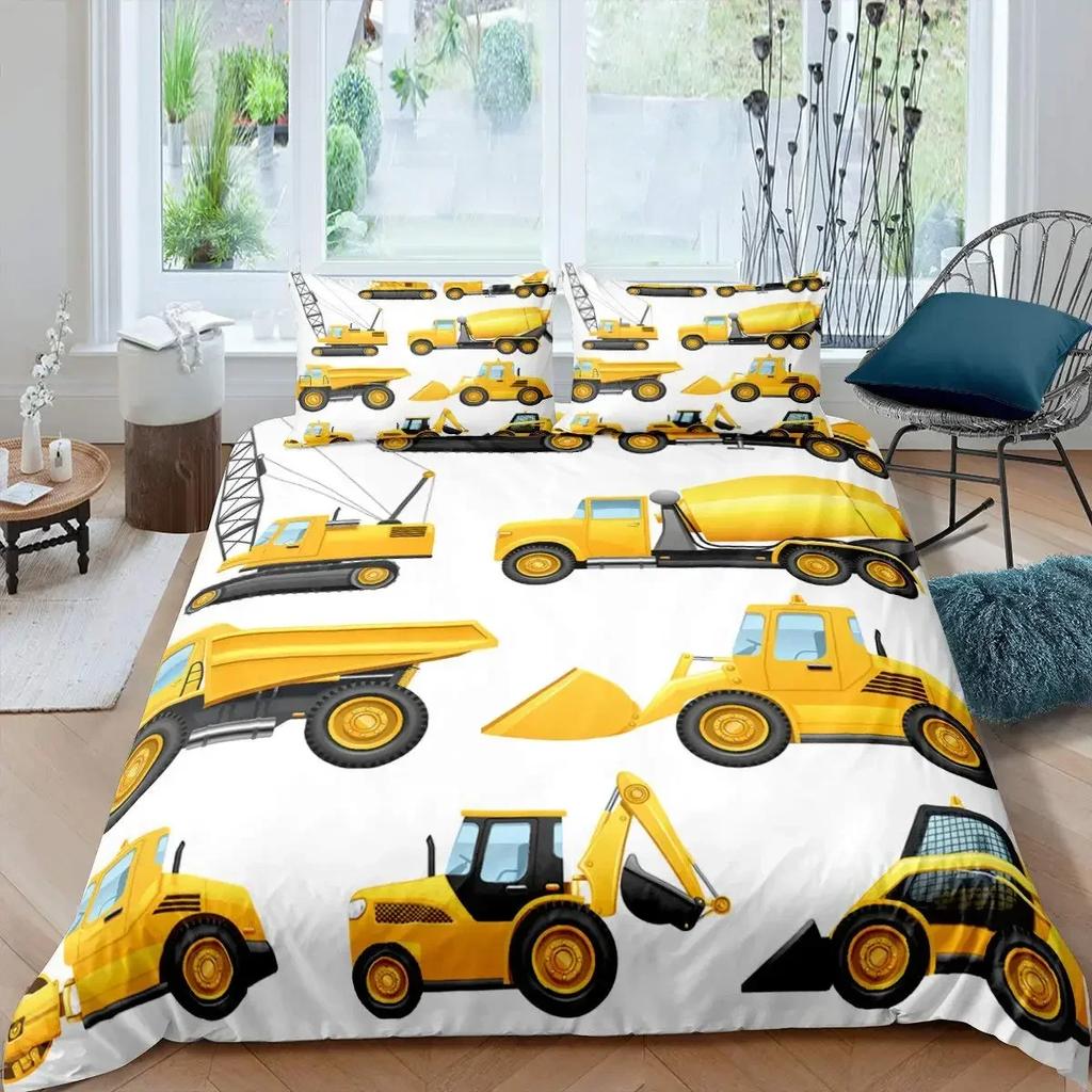 Construction Vehicles Boys Excavator Duvet Cover Yellow Tractor Truck Bedding Set For Teens Child Old Retro Car Theme Room Decor