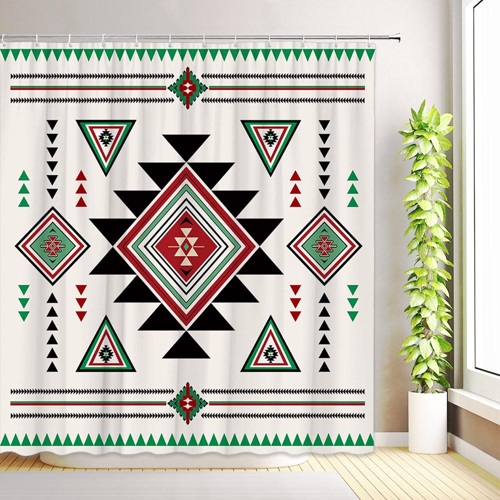 Western Aztec Shower Curtain Boho Aesthetic Abstract Geometric Cactus Longhorn Skullhead Floral Plant Bathroom Decor with Hooks