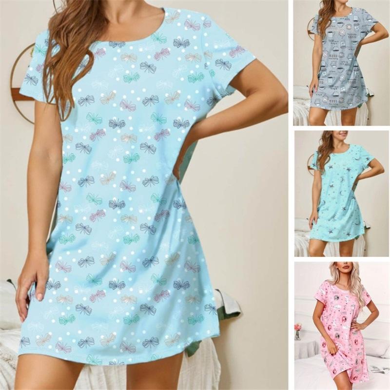 New Ladies Nightdress European And American Style Home Pajamas Skirt Round Neck Dress Casual Printing
