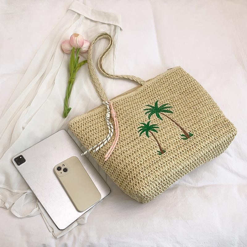 Summer Beach Straw Bag with Palm Tree Embroidery, Large Woven Tote for Women, Casual Shoulder Handbag for Vacati