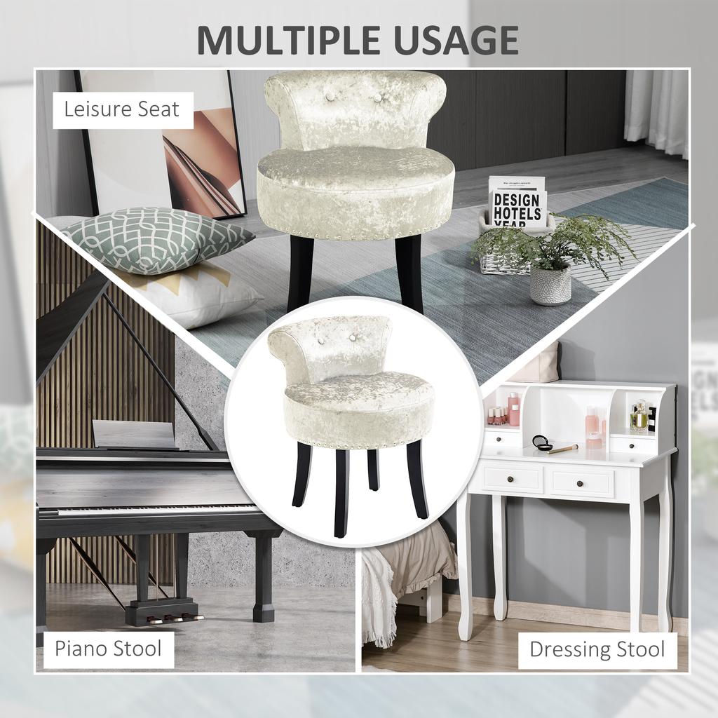 Dressing Table Stool with Rubber Wood Legs, Ice Velvet Vanity Stool for Living Room Bedroom, Beige