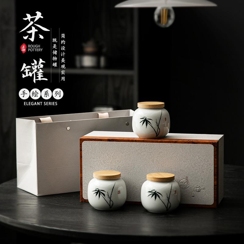 Pure hand-painted bamboo ceramic tea can, mini portable small tea sealed can, portable tea storage, tea storage, small pot