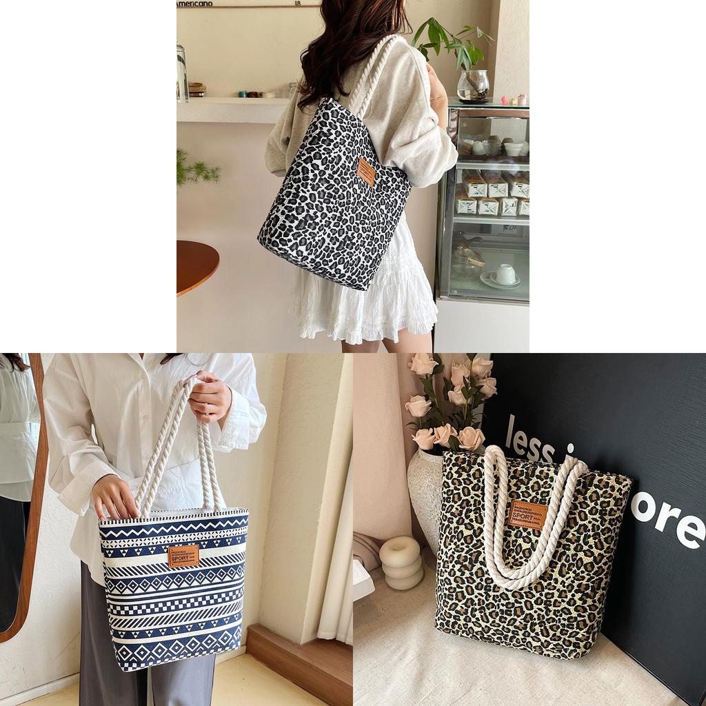 Canvas Bucket Bag With Leopard Print And Geometric Pattern For Urban Women Daily Use