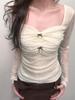 Pure Desire Women's Slim-fit Bow Square Neck Long-sleeved T-shirt for Early Spring
