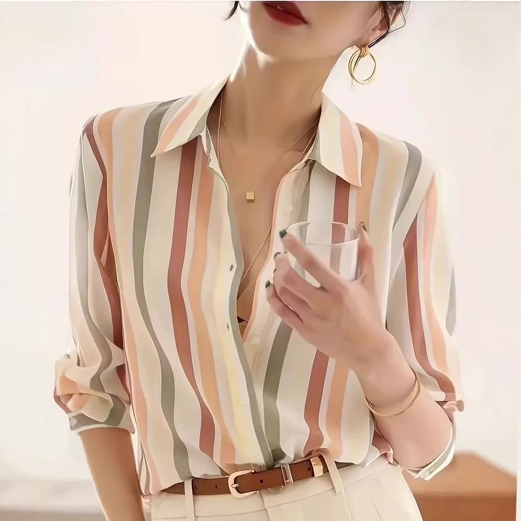 Women's Vertical Stripe Long Sleeve Blouse Vintage Lapel Collar Loose Fit Non Iron Chiffon Shirt For Spring Autumn Daily Wear
