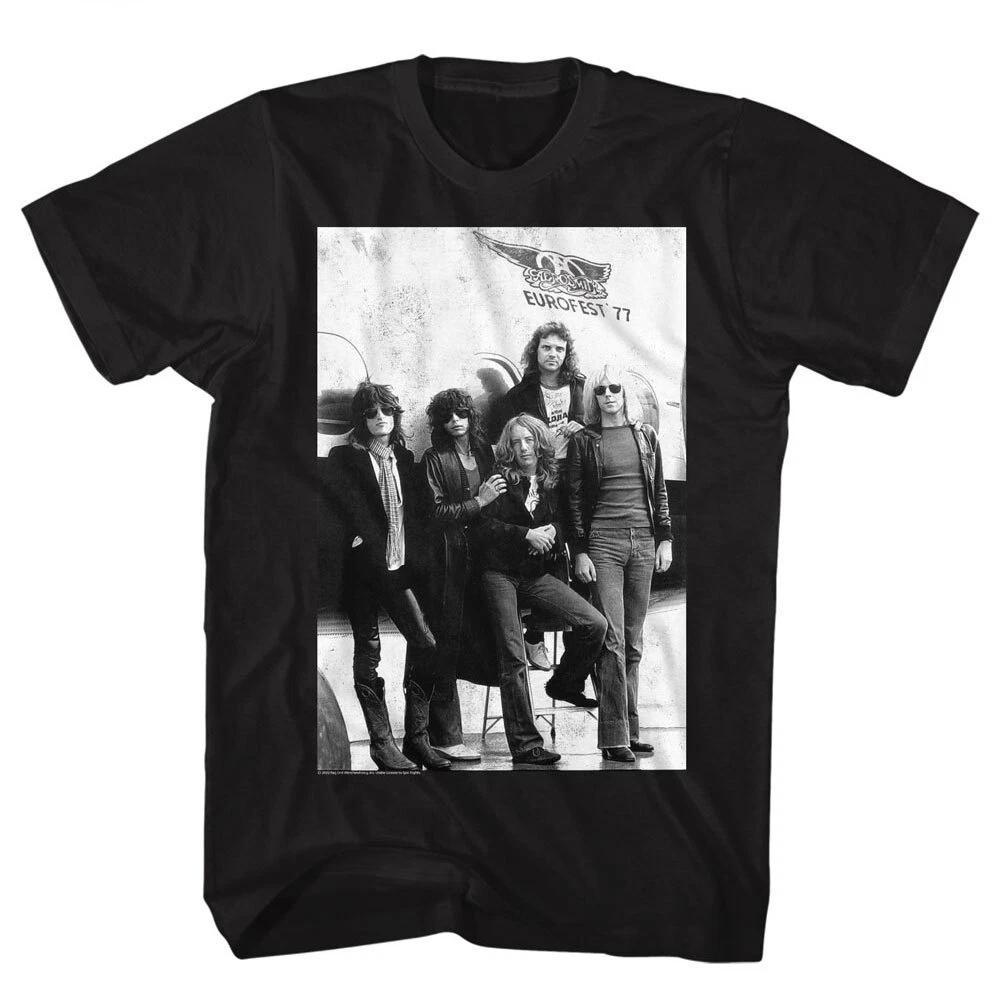 Aerosmith Group Photo By Plane Eurofest 77 Men s T Shirt Rock Band Music Merch 2XL