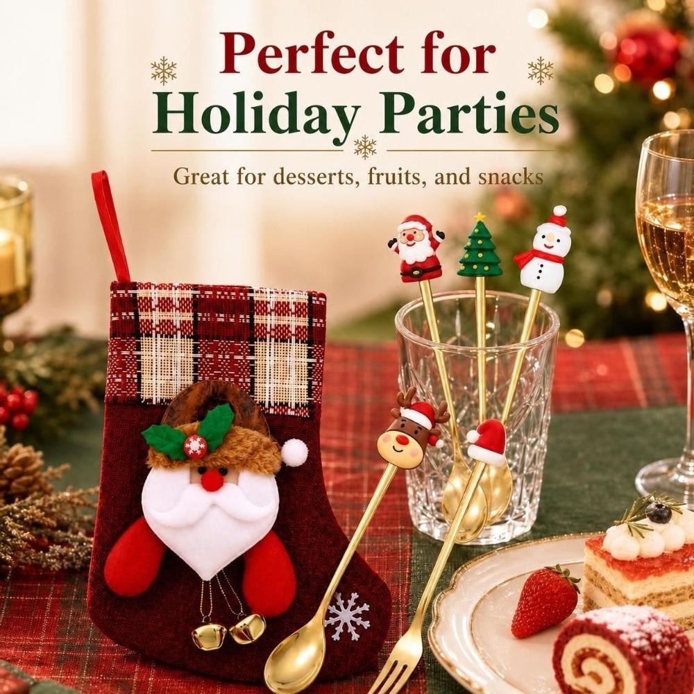 Mirror Polished Stainless Steel Spoon Set Tree/Star/Santa Motifs Mini Dessert Spoons  New Year