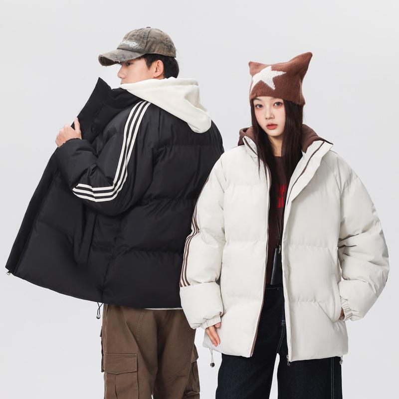 Men's 2025 Winter Casual Hooded Cotton Jacket - Fake Two-Piece Design with Three Stripes, Thick and Warm Padding.
