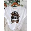 European Size Women's Short Sleeve T-Shirt with Messy Bun, Leopard Print Bow & Glasses Graphic - Round Neck Casual Summer Top
