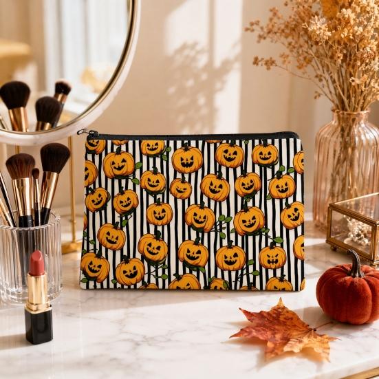 Retro Pumpkin Storage Halloween Makeup Bag, Scratch Resistant Durable Canvas Holiday Theme Stationery Bag Zipper Toiletry Pouch, for