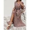 GMXIA Women's Summer V-neck Printed Bouquet Waist Bohemian Dress Holiday Button-down Beach Long Dress