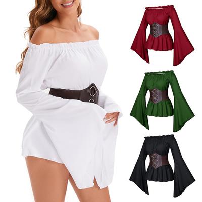 Women Top with Corset Medieval Pirate Off Shoulder Irregular Flared Sleeves Blouse