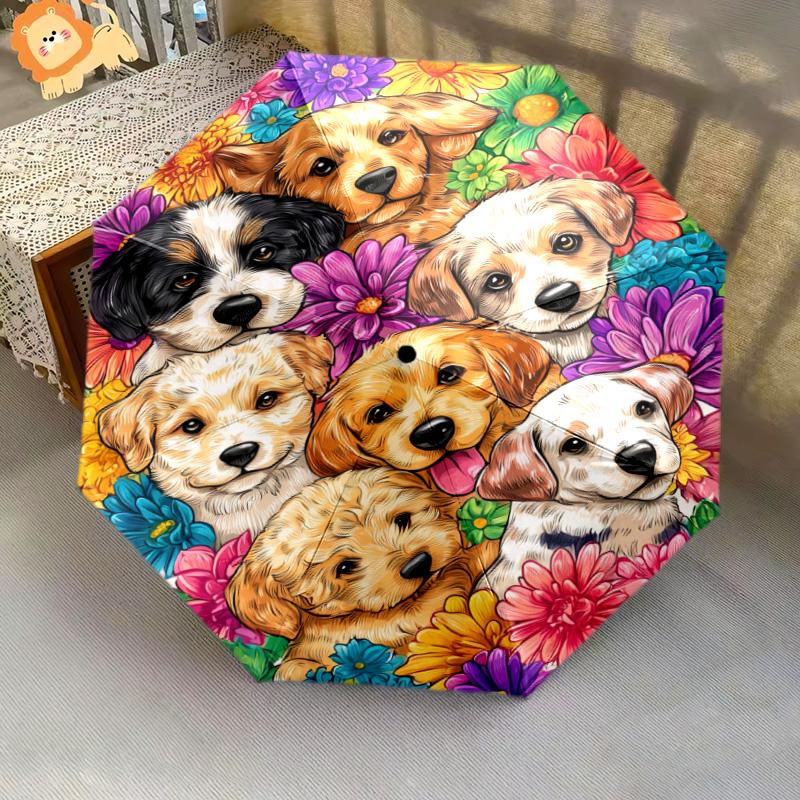0106 Dog In Flower Bush  Pattern, Automatic Folding Umbrella, Portable and Foldable Design, 8 Ribs, a Christmas or Birthday Gift.