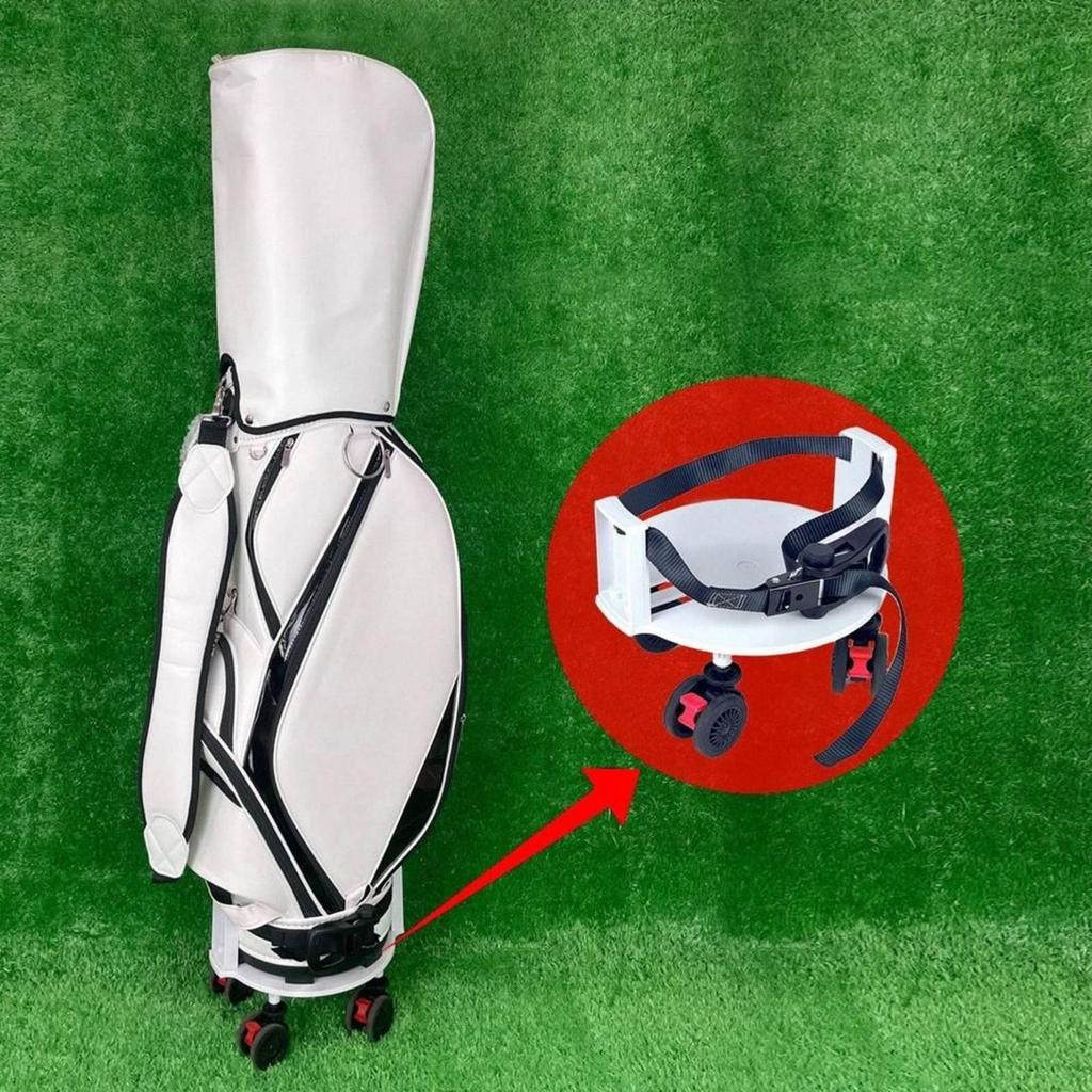 Golf bag wheel base, base and swivel strap