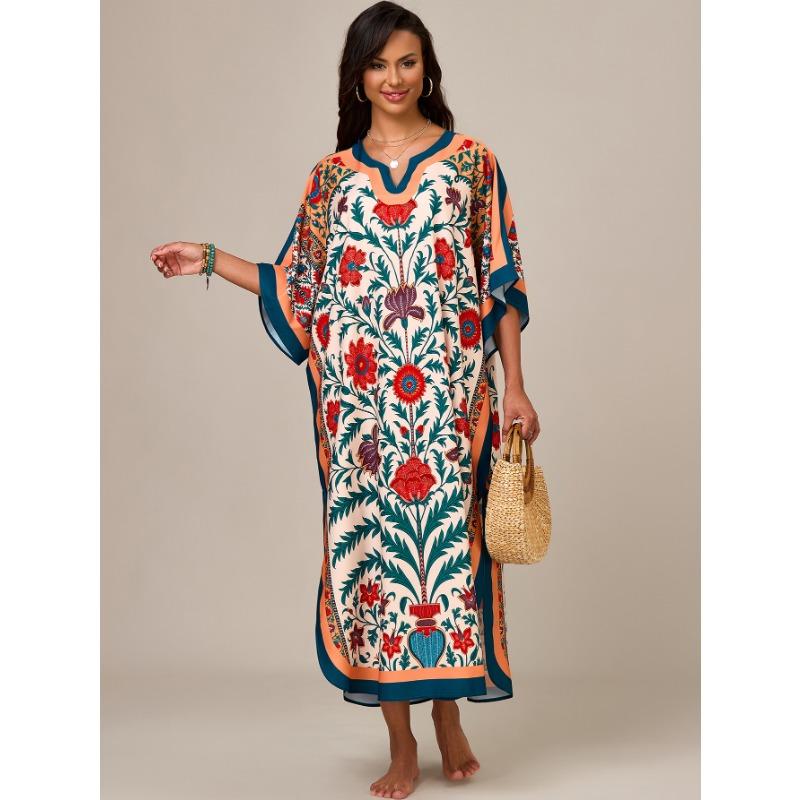 Strandbluse Bedruckt Ethnischer Stil Lange Robe Übergröße Lockeres Überwurfkleid