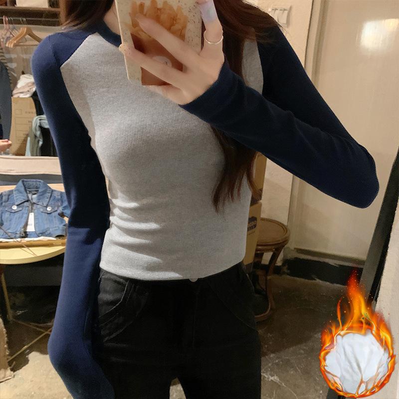 Round neck contrasting color raglan long-sleeved T-shirt for women's outer wear new autumn design foreign chic short bottoming shirt top