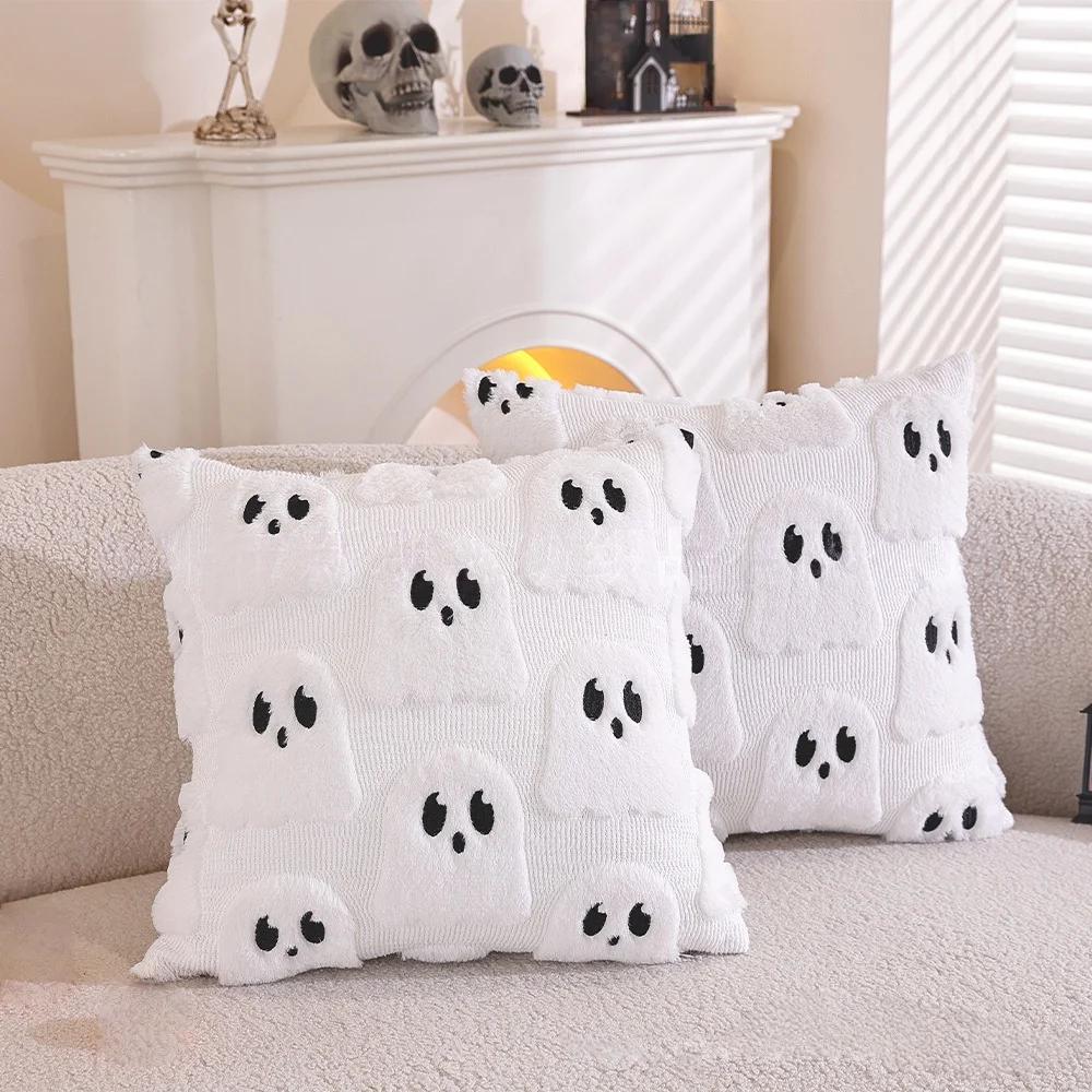 Ghost Pumpkin Plush Faux Fur Pillow Covers 18x18 Inch Soft Halloween Decor for Sofa Couch Bed Living Room Pillow Cover