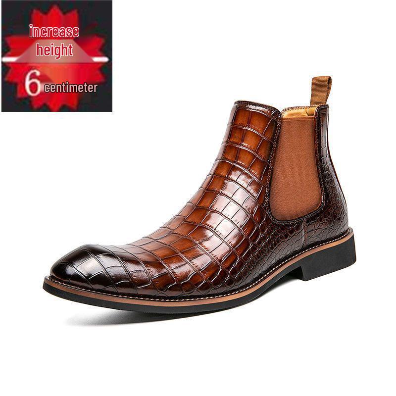 Men's Pointed Toe Chelsea Boots – Vintage Crocodile Pattern, Genuine Leather Slip-On Ankle Boots, Mid-Top British Style.