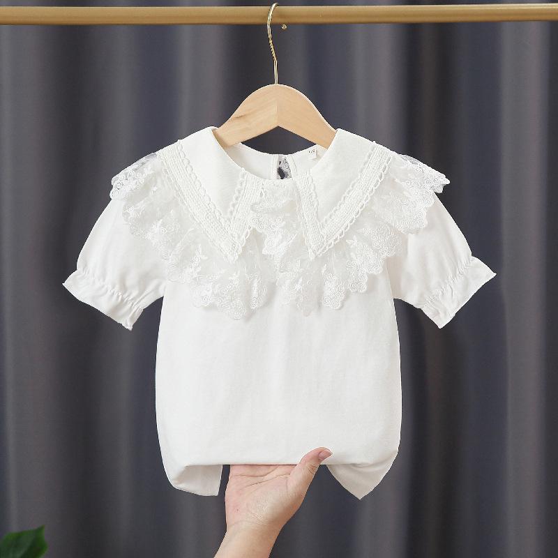 Girls' Fashionable Short-Sleeve Doll Collar Pure Cotton T-Shirt - Summer Trendy Tee for Ages 6+