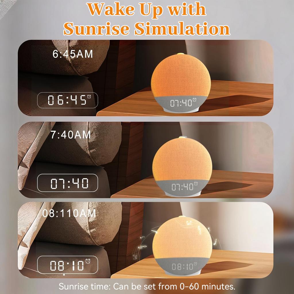 Smart Wake Up Light Sunrise Alarm Clock White Noise Machine Bluetooth Speaker with 30 Sleep Sound for Heavy Sleeper Perfect Gift