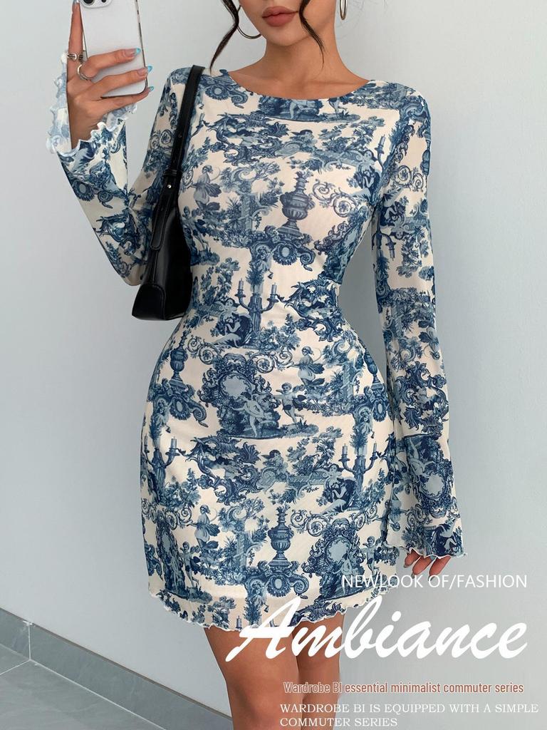 2025 Spring/Summer Women's Printed Flared Sleeve Backless Mesh Dress