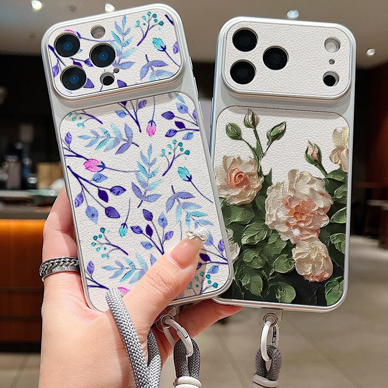 Black Lotus Floral Leather Lanyard Case For iPhone 18 Pro Max Hybrid TPU+PU Anti-skid Soft Cover For iPhone 17 16 15 14 13 Pro Max