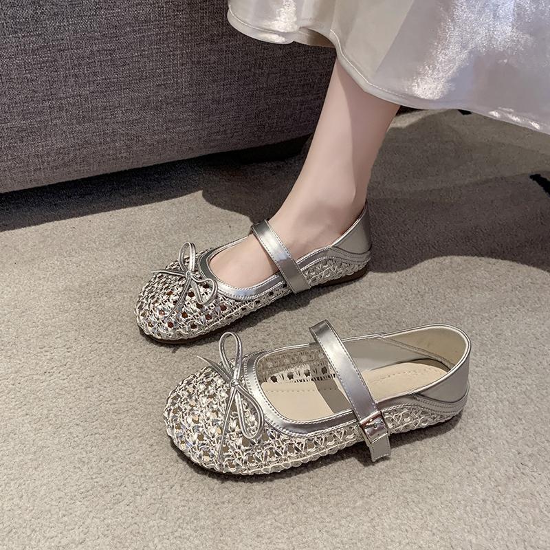 Fashion New Cutout Woven Bow One Strap Sandals Women's Round Toe Shallow Mouth Flat Slip Comfortable Non-Slip Single Shoes