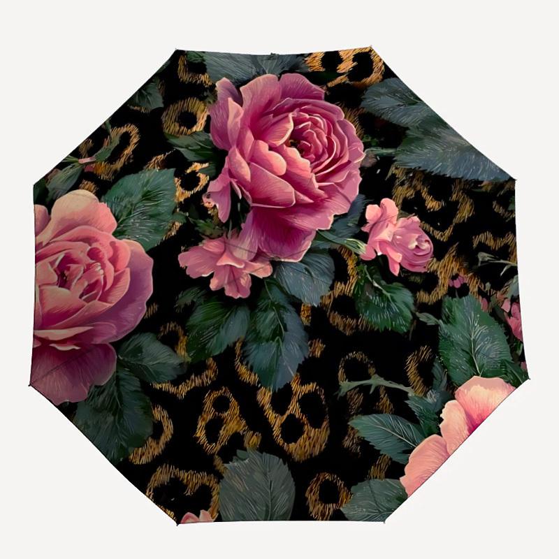 1pc Floral Leopard Umbrella Portable Folding Umbrella Durable Iron Frame, Suitable for All Seasons Home Travel Outdoor yy260319072