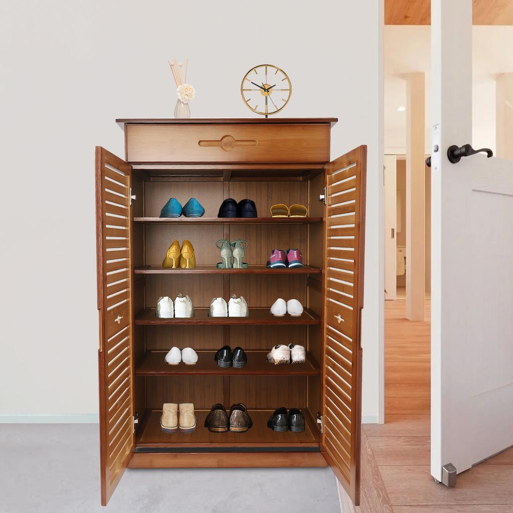5-Tier Bamboo Shoe Cabinet W/ Drawer & Doors, Retro Entryway Storage Organizer, Solid Wood Shoe Rack for Hallway, Natural Brown