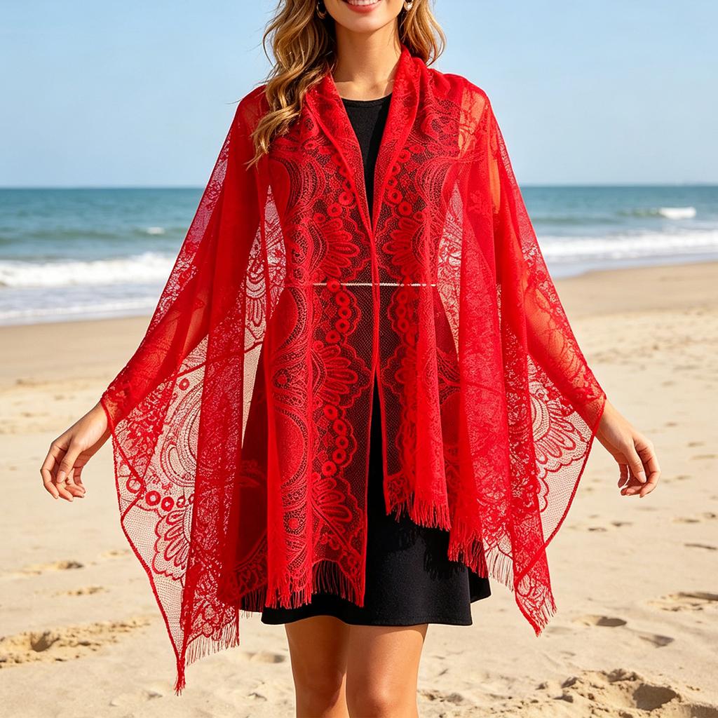 Women's Lace Shawl Fringe Cover Up Hollow Out Sheer Poncho Sun Protection Wrap for Travel Beach Holiday