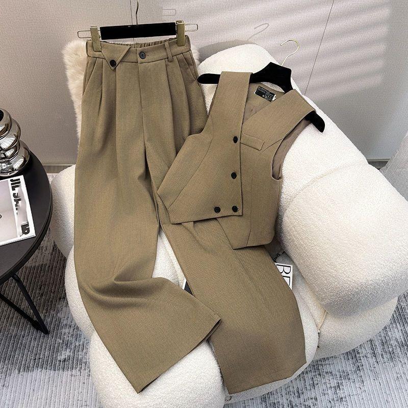 Einfaches Damen-Frühlings-/Herbst-Set: Ärmellose Blazerweste + Gerade Hosen Einfarbig, Slim-Fit Zweiteiliges Pendler-Set