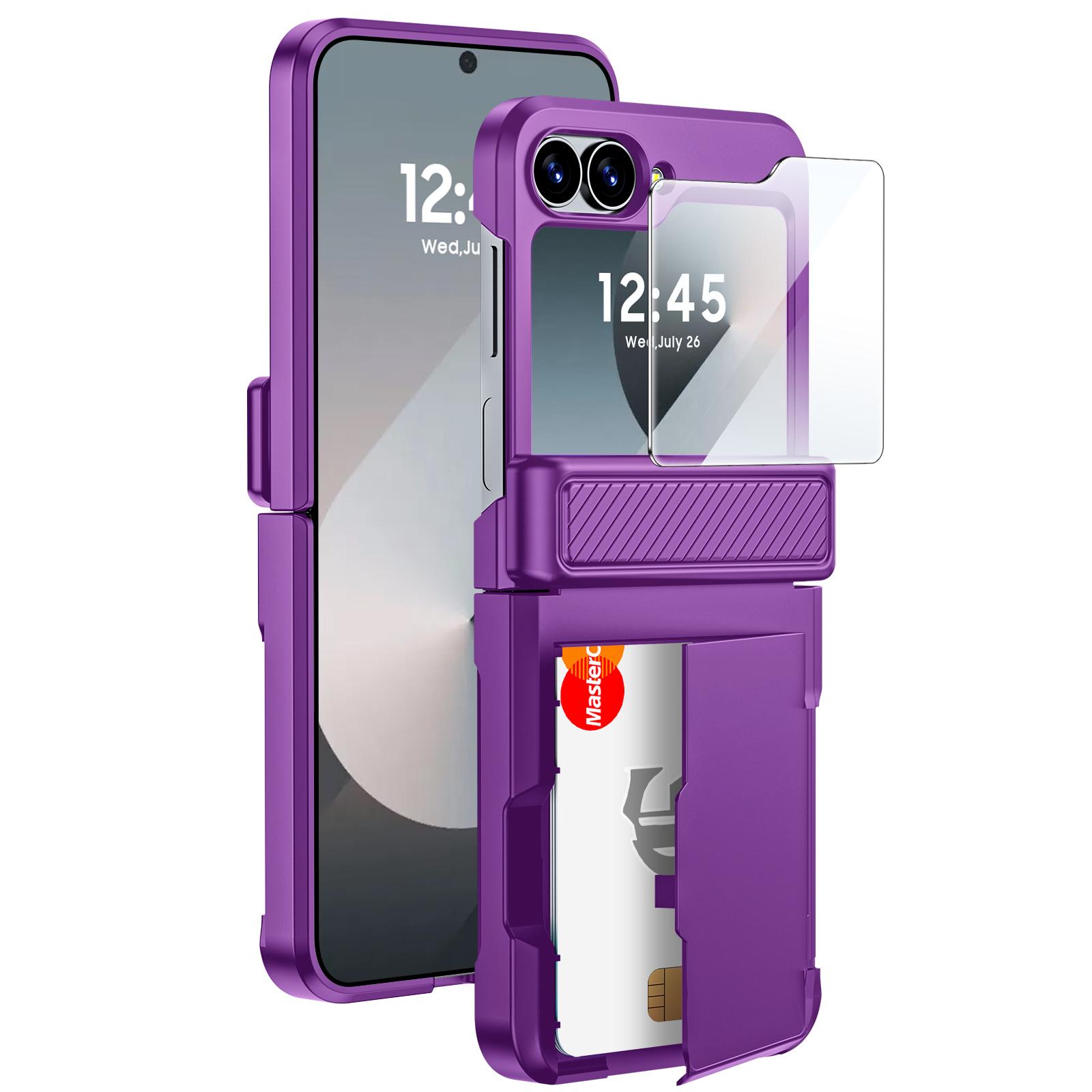 

For Samsung Galaxy Z Flip 6 with Card Holder [RFID Blocking] & Hinge Protection & HD Screen Protector,Rugged Anti-Scratch Phone Case-Purple