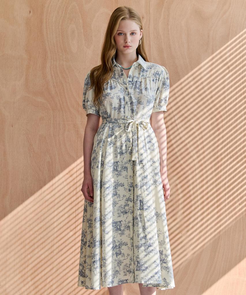 MAXZA Classic Drawing Belted Shirt Long Dress