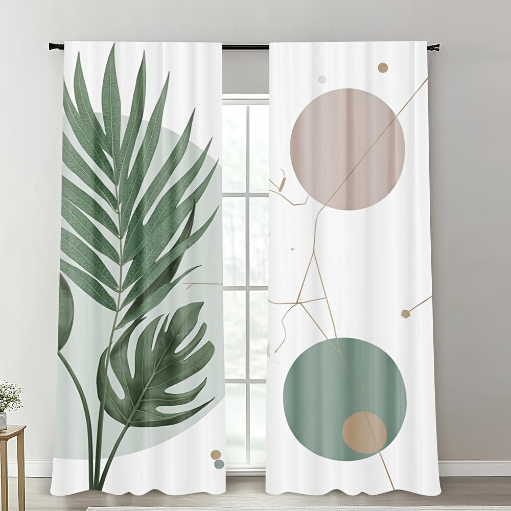 2Pc Tropical Leaf Art Simple Pattern Curtains, Polyester Fabric, Machine Washable, Suitable For Bedroom Living Room Decoration