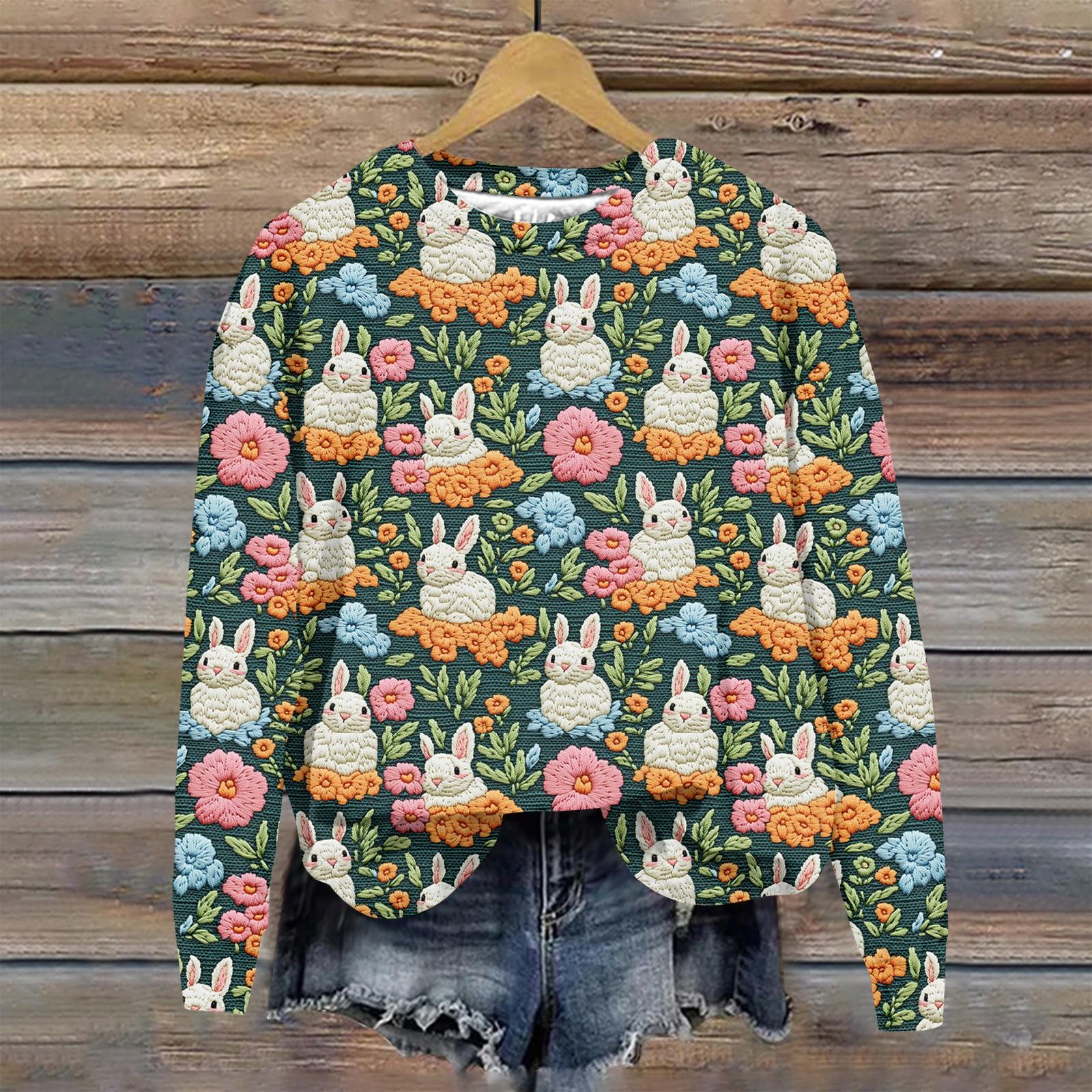 

Женская мода Пасха Печатный Длинный рукав Свободный круглый вырез Толстовка Топ M оранжевый