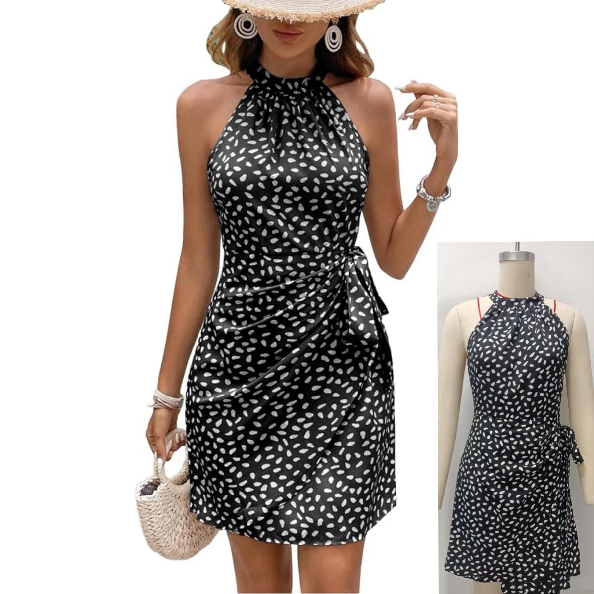 Fashion Women s Dress Lace-up Polka-dot Pleated Dress Sleeveless Belted Halterneck Dress L чёрный