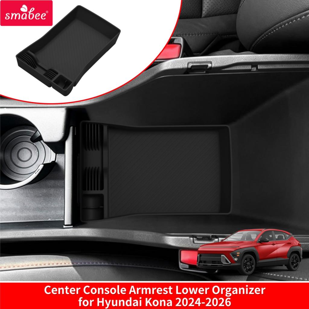 Smabee for Hyundai Kona 2024-2026 Silicone Center Console Armrest Lower Storage Box Car Interior Accessories Black