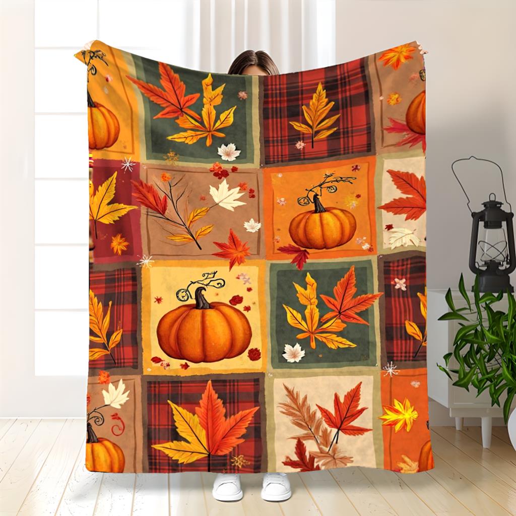 1 Soft and Warm Allseason Flannel Blanket Autumn Plaid Pumpkin and Maple Leaf Pattern, Orangeredyellowbrown Color Scheme, Comfortable Companion Bed, S