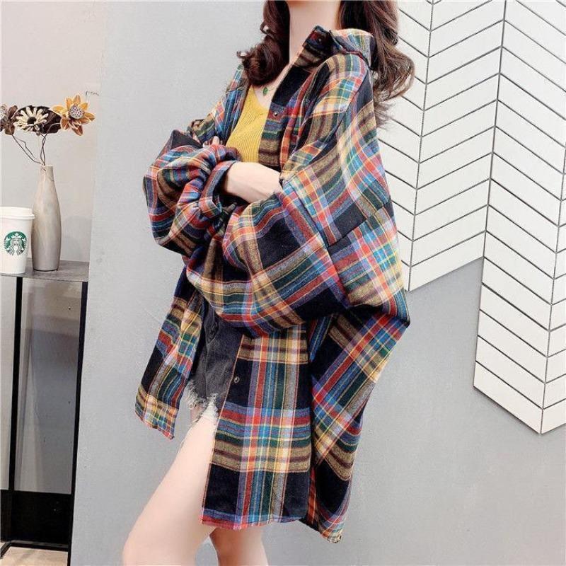 Autumn Lazy Style Loose Plaid Shirt Jacket Women's Design Retro Top