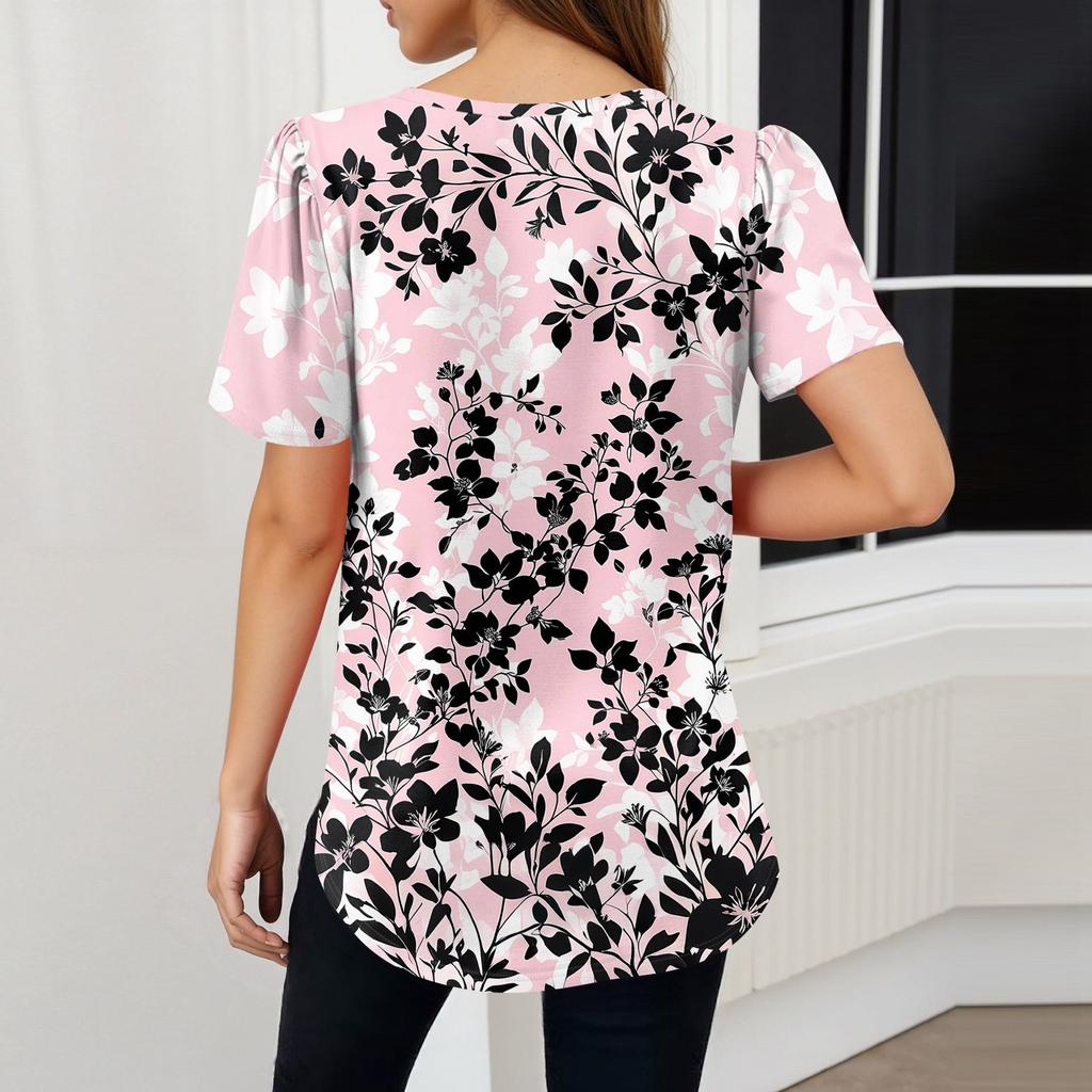 Maglia Pullover Casual alla Moda da Donna a Maniche Corte con Stampa e Scollo a V