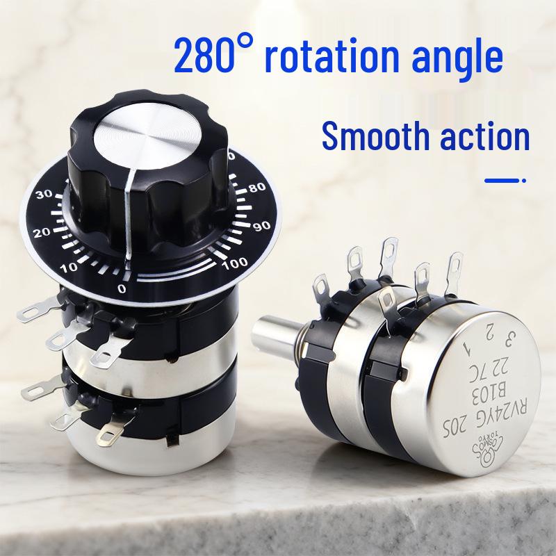 Dual-Gang Carbon Film Potentiometer: RV24YG20S, Variable Frequency Speed Control with B102/202/502 Knob Scale, Available In 5K/20K Ohm.