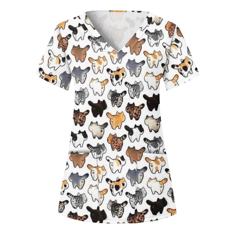 Zdravotní uniforma Dámské topy Tričko s výstřihem do V Kočka Psík Kreslený topy s potiskem Uniforma Uniforma s krátkým rukávem Kapsy Zdravotní Dámská Uniforma Sestra