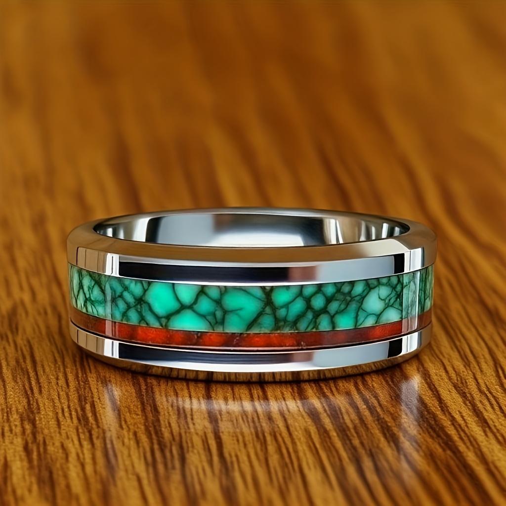 Großhandel 8MM Malachit-Einlage Herren-Edelstahlringe Rot Grün Marmor Damen Ehering Schmuck Polierter Stahl Party-Ring