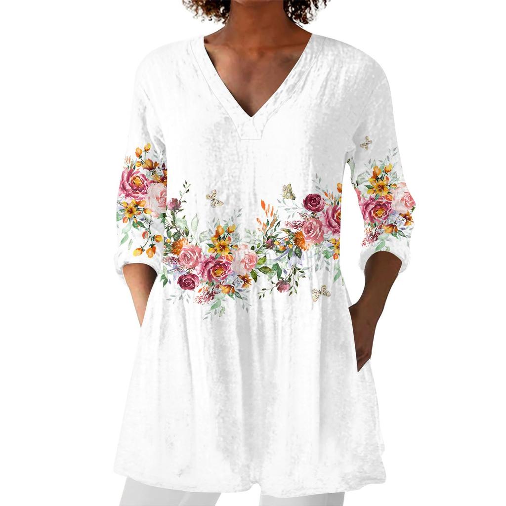 Women's Fashion Printed V Neck 3/4 Sleeve Pocket Casual Loose Fit Pullover Shirt Top